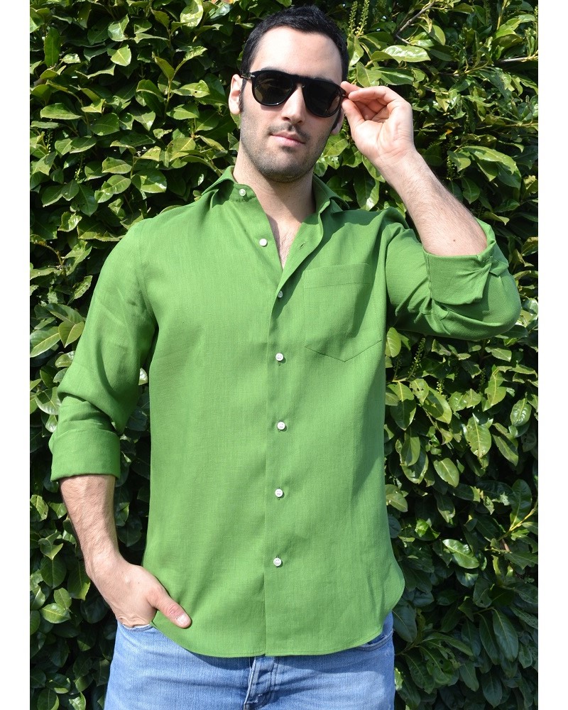 Camicia uomo in 100%  lino verde oliva - Ghilardi - Vendita e produzione di camicie da uomo dal 1940