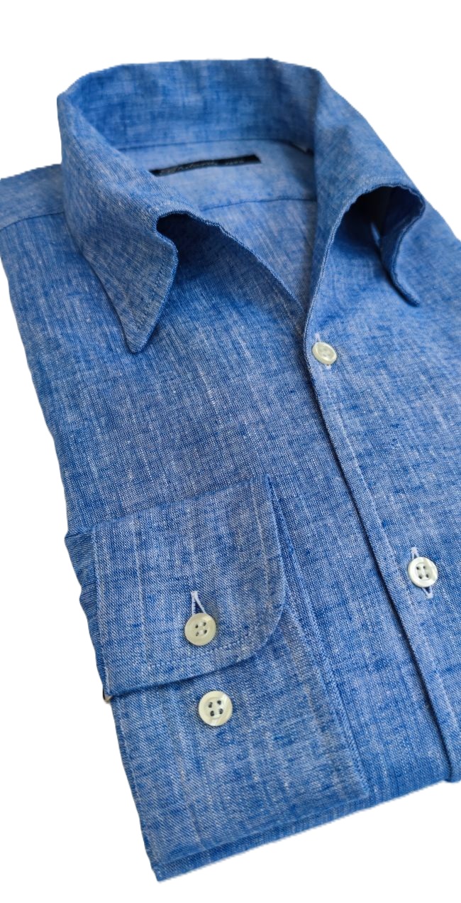 GM0625144 - Camicia uomo in 100% lino azzurro scuro melange - Ghilardi - Vendita e produzione di camicie da uomo dal 1940